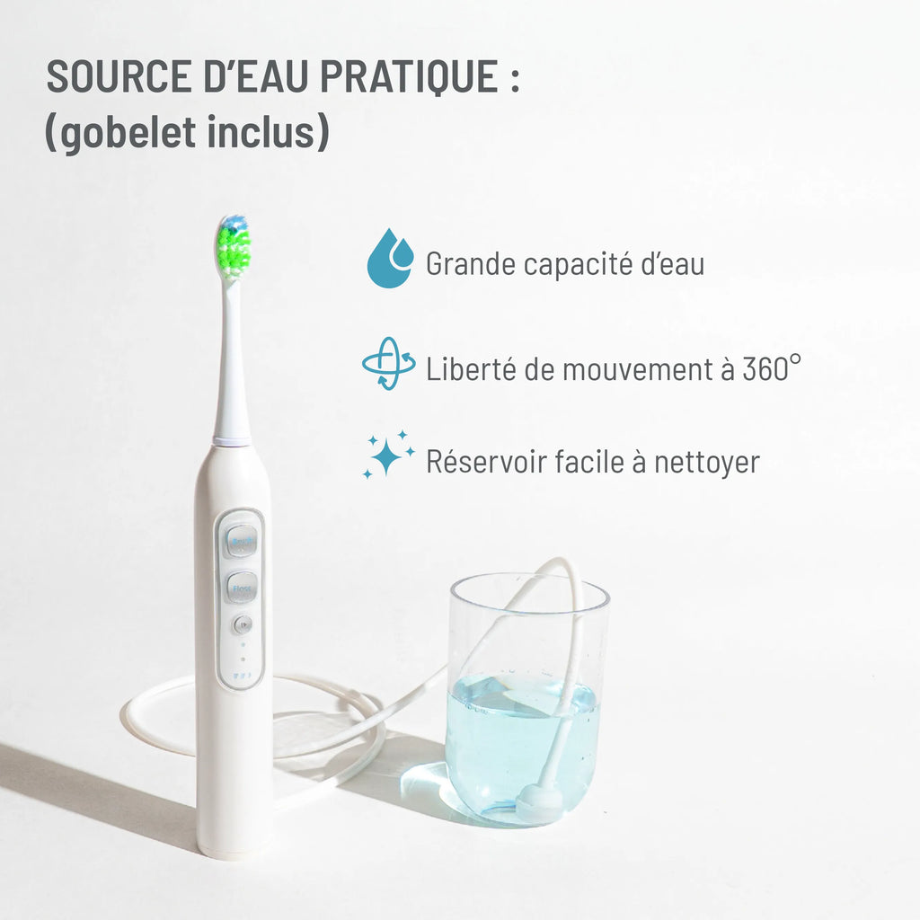 Brosse à dents électrique 3-en-1 : brossage, jet interdentaire, détartrage