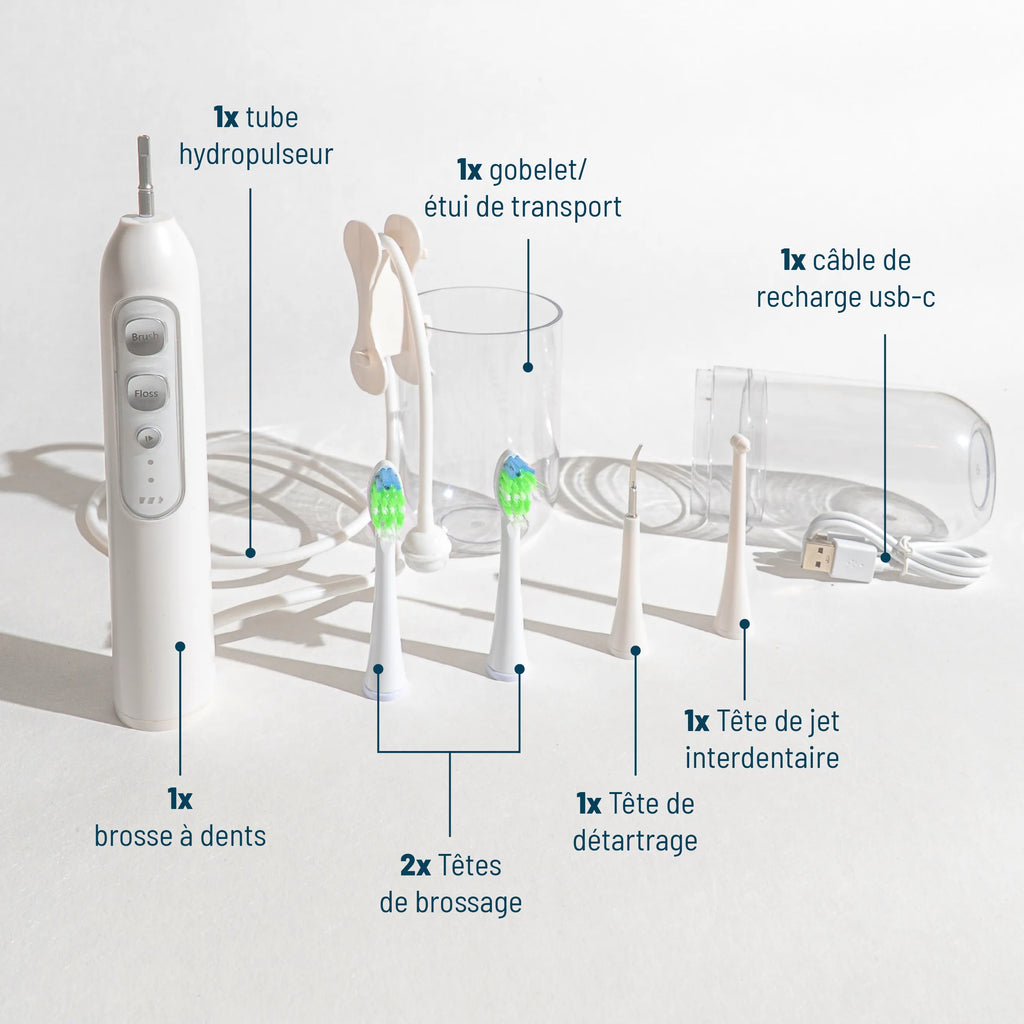Brosse à dents électrique 3-en-1 : brossage, jet interdentaire, détartrage