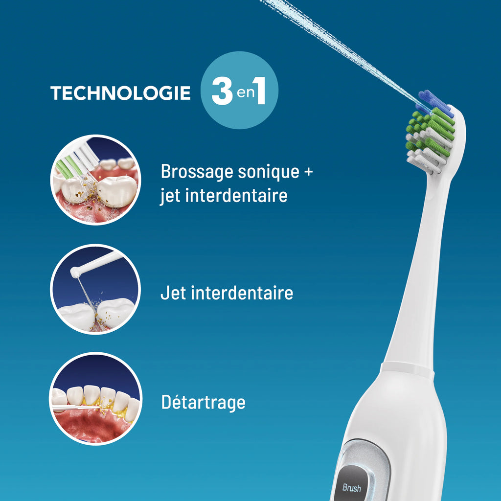 Brosse à dents électrique 3-en-1 : brossage, jet interdentaire, détartrage